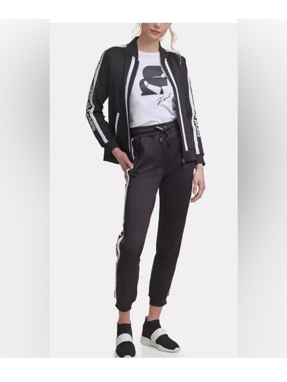 NWT Karl Lagerfeld Paris Logo Block Letter Track Jacket Large Black Bomber - Picture 2 of 10